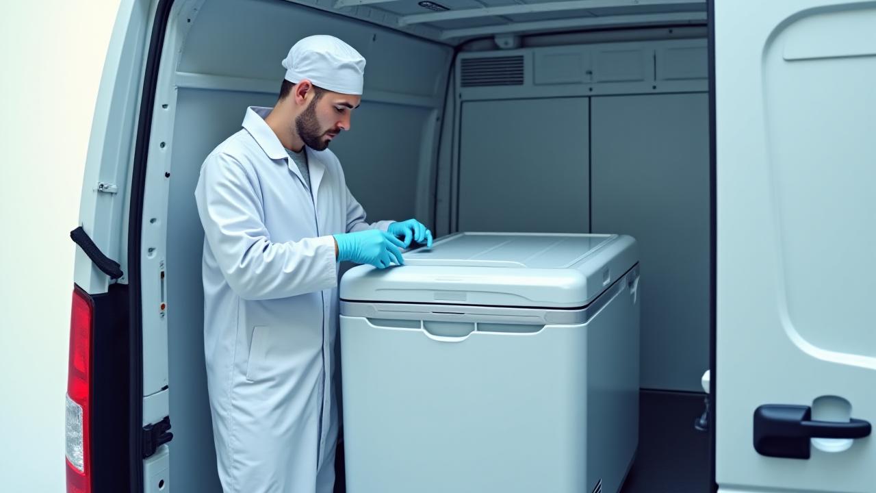 Medical transportation specialist handling a temperature-controlled container